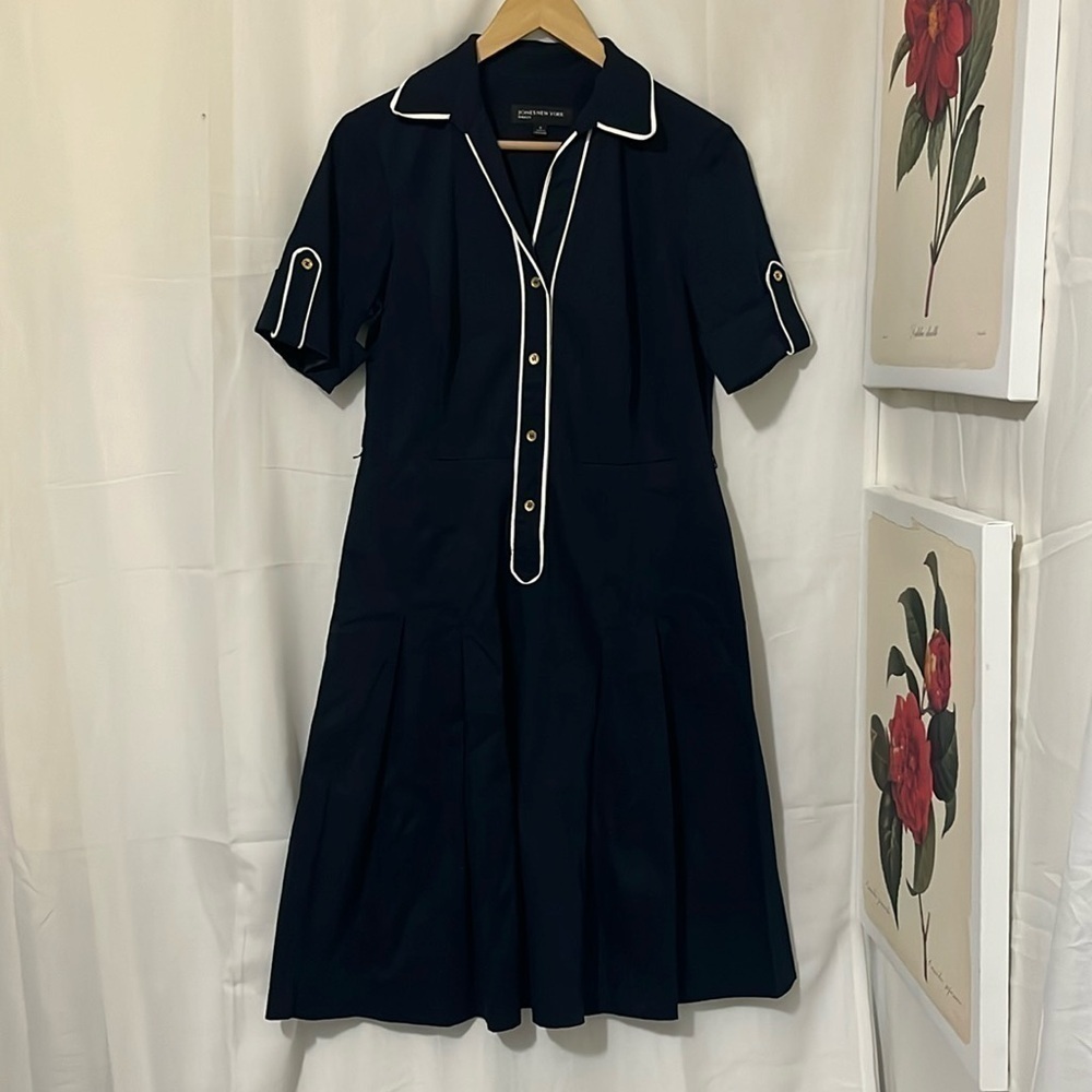 Jones New York Navy Blue Sea Collared Midi Dress with Pleated Skirt a136